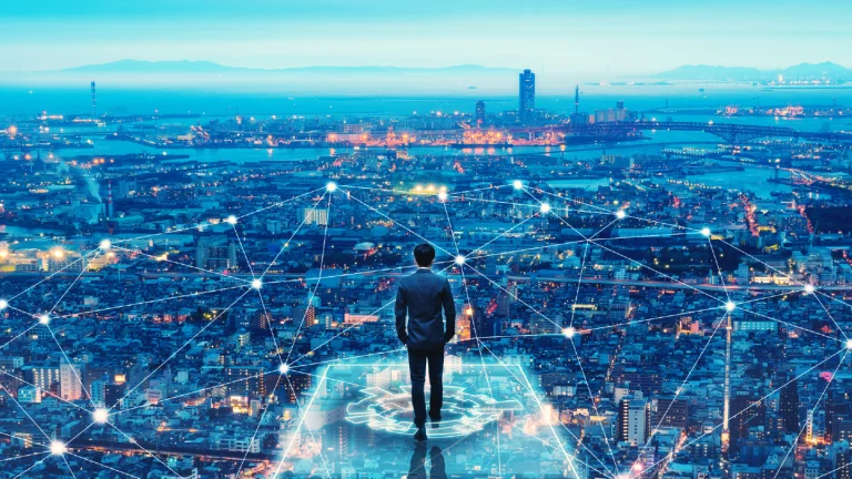 Man standing of a cyber city in contingency exit